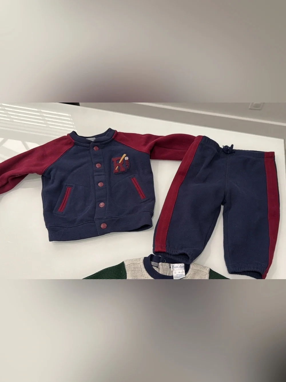 Ralph Lauren Navy Sweatpants with Burgundy Side Stripe outfit 6month